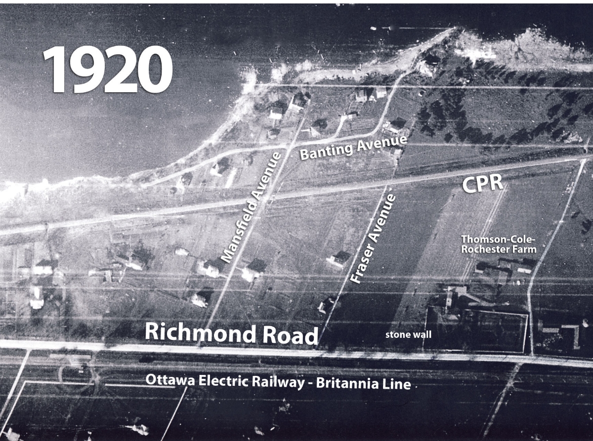 This aerial photo from 1920 shows Richmond Road in the vicinity of Mansfield Avenue. Photo from the National Air Photo Library.