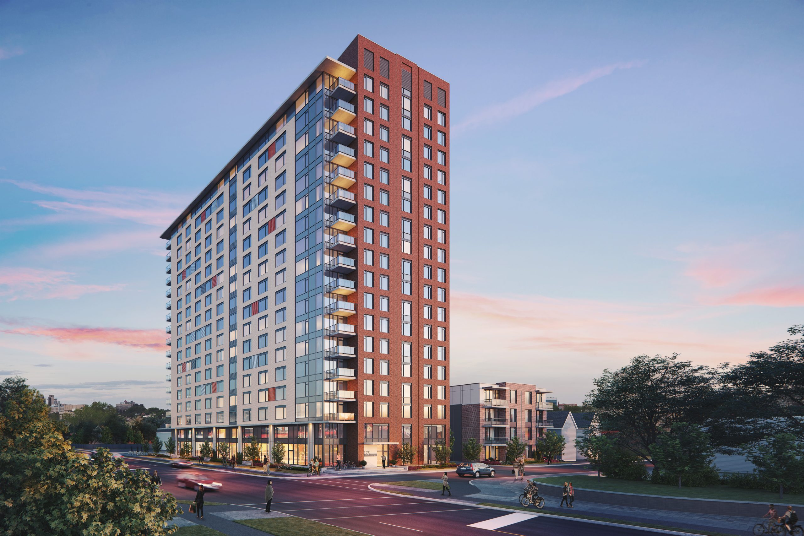 A rendering of the new building at 175 Carruthers in Hintonburg at dusk