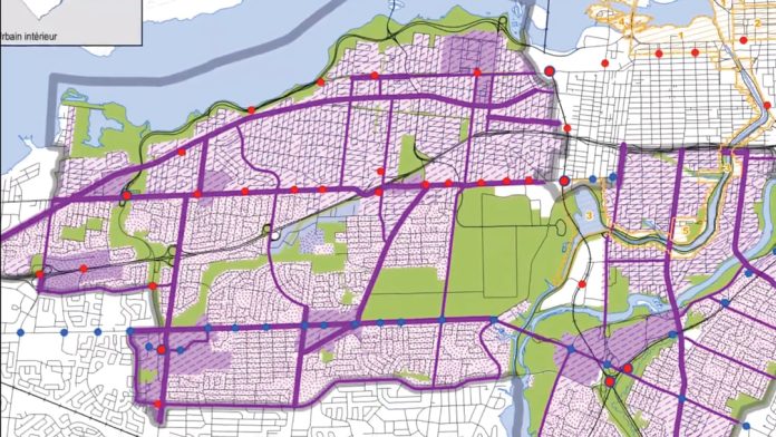 A purple graphic is drawn over downtown Ottawa demonstrating walkable points for future planning