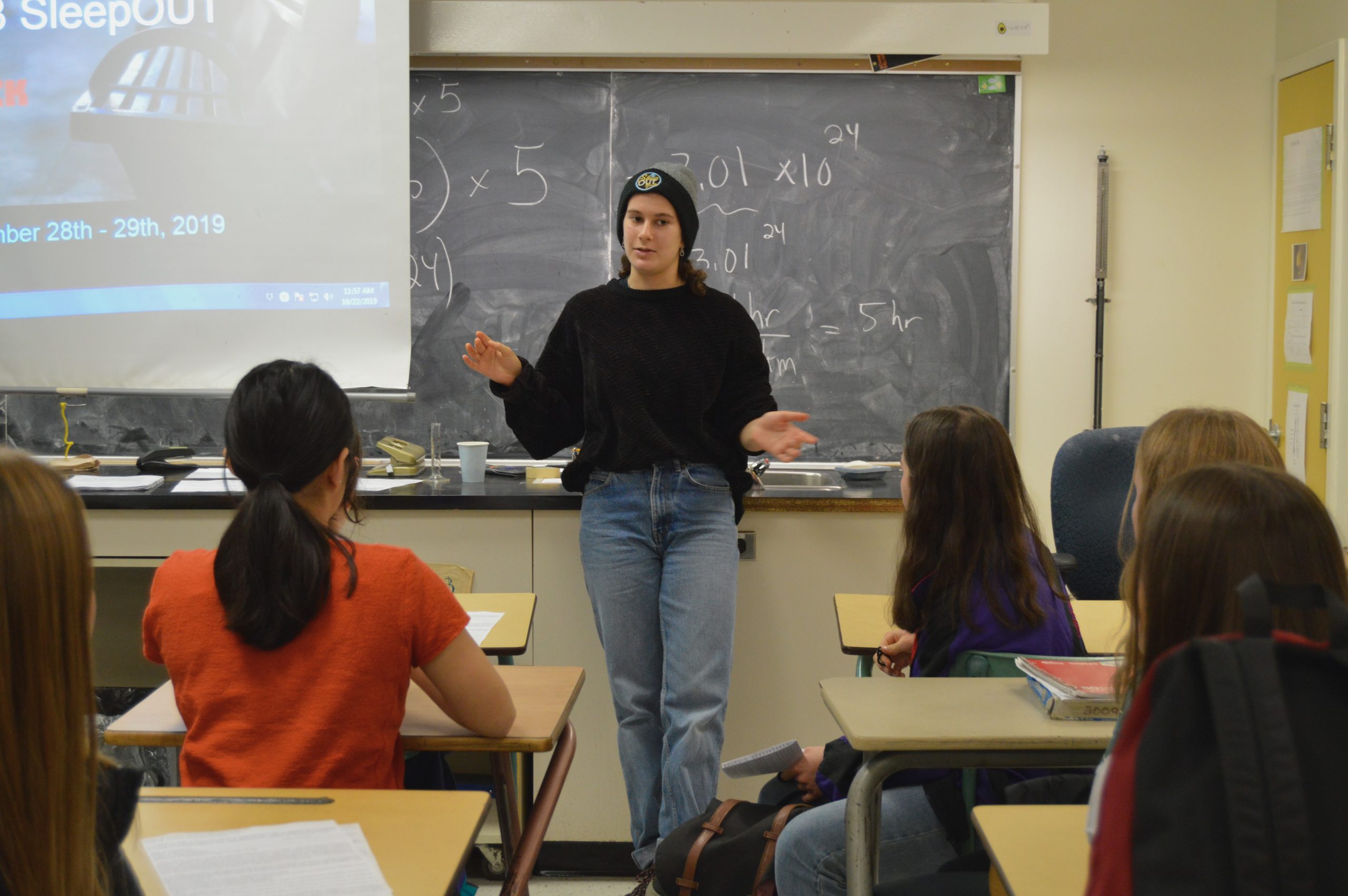 Team captain of the Nepean Knights, Rachel Lowenberg, talks to other Nepean High School students about the SleepOUT.