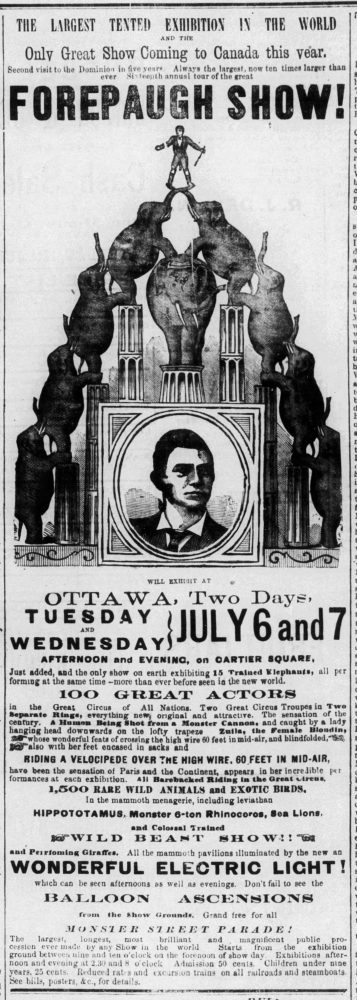 A black and white newspaper ad for Forepaugh's circus that ran in the Ottawa Citizen in 1880.