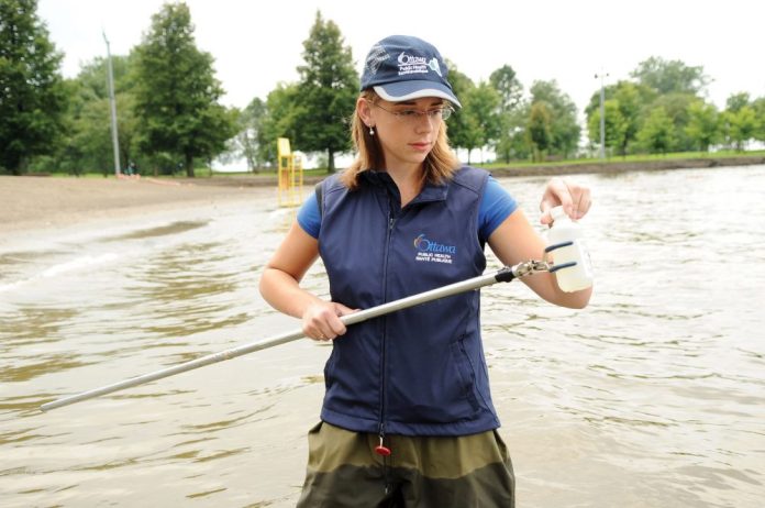 A photo of Ottawa Public Health staff testing the water at a beach in Ottawa.|A photo of ducks and geese on Westboro Beach in the early morning on July 28