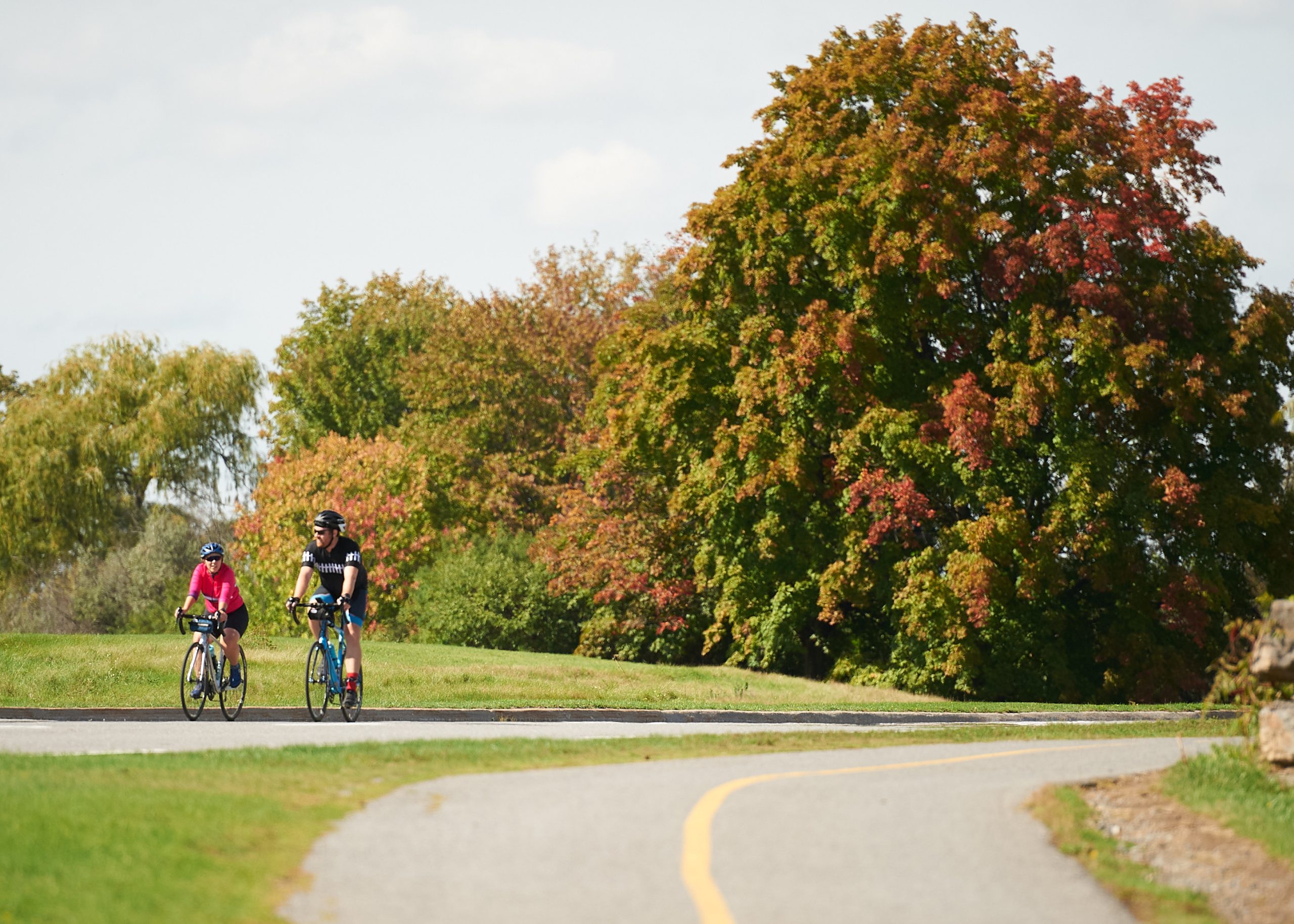 Two people ride on bikes near Westboro Beach on a sunny day with trees in the background