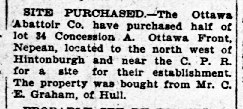 A black and white article from the Ottawa Journal in 1899 discussing the purchase of land for an abattoir.