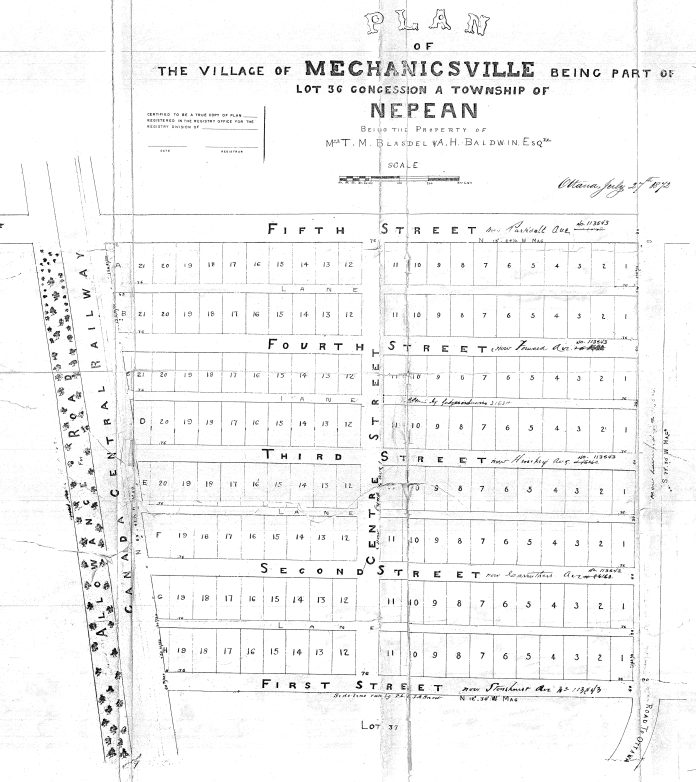 with all the city lots laid out in rows. The image is a copy of the original subdivision plan from the 1800s.