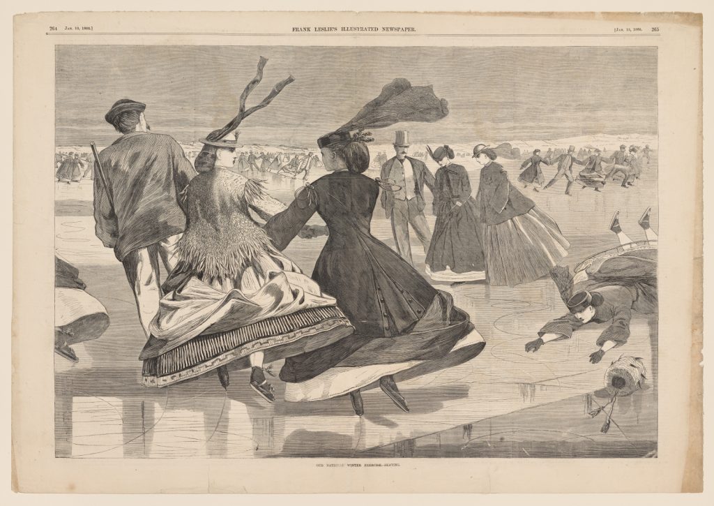 A black and white illustration of people skating in Frank Leslie's Illustrated Newspaper