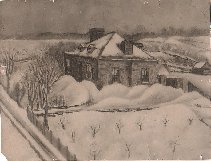 A picture of a black and white painting of Stewart farm in the 1870s.