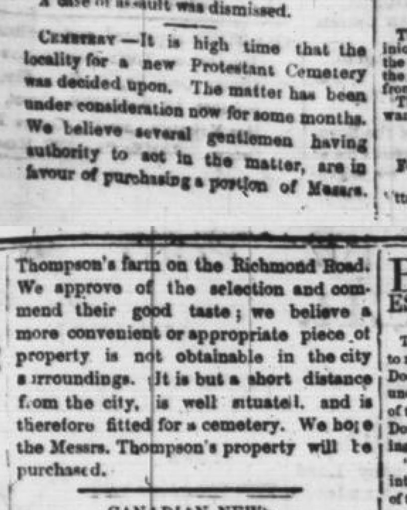 A black and white newspaper clipping discussing the debate about the placement of the Ottawa cemetery in the May 5, 1982 edition of the Ottawa Times