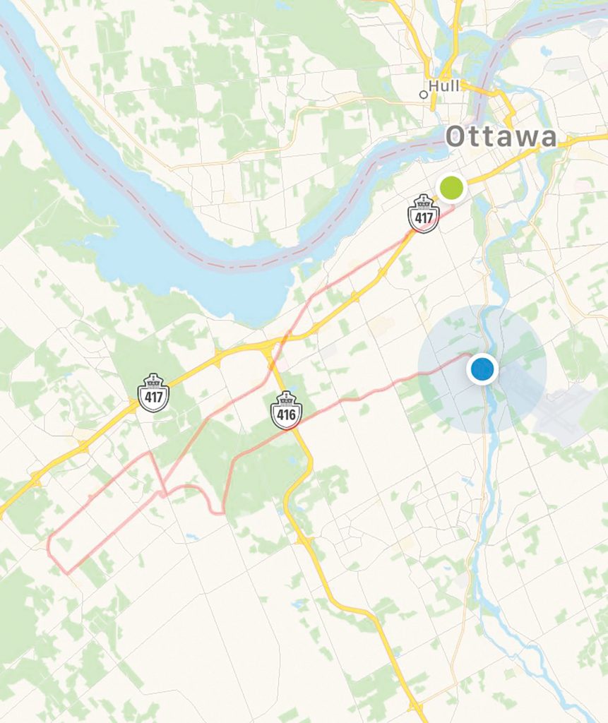 A map of Marc Gagnon's 78 km loop in Ottawa. 