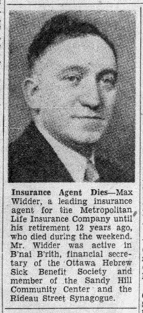 A scanned copy of an Ottawa Citizen article on Max Widder's passing in July 22, 1952 is seen