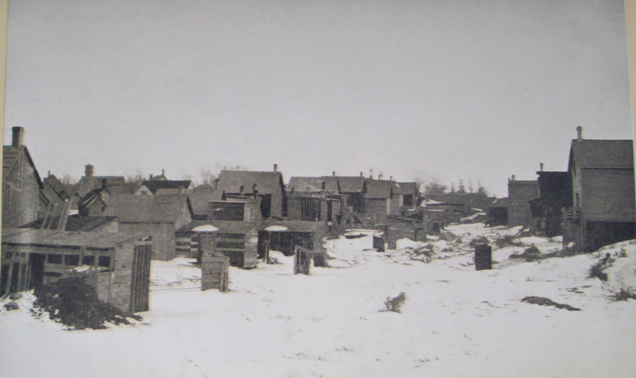 A black and white picture from 1911 of outhouses behind houses on a snowy day in Hintonburg.