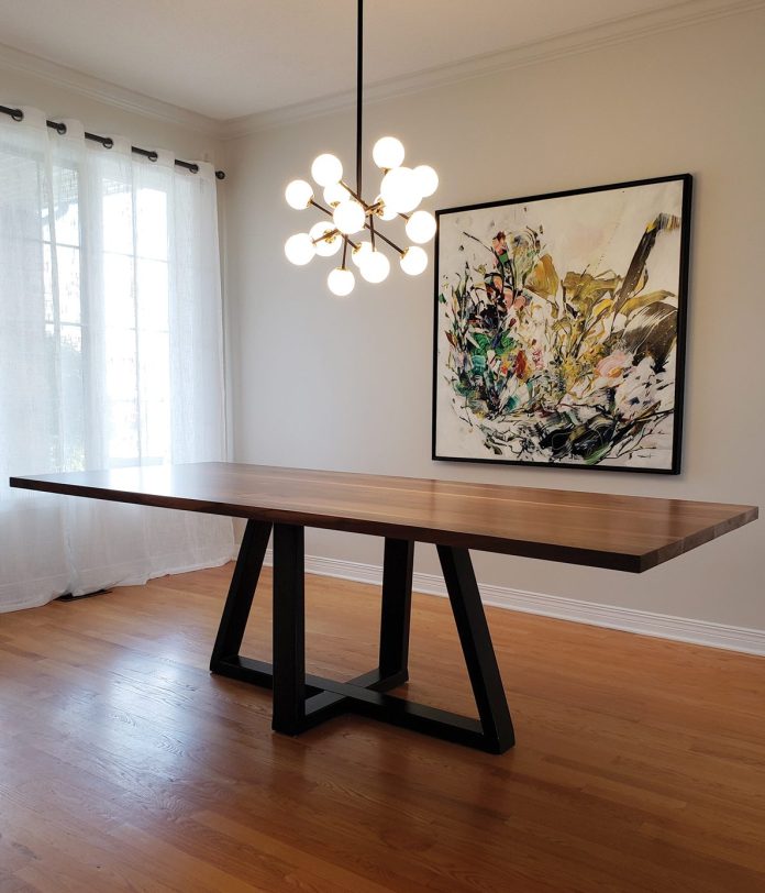 A photo of a walnut table with a geometric base made by Maker House.|A table made by Maker House with the upside-down Y-legs.||A photo of a pine table with Chevron style legs made by Maker House.|A photo of a custom shelf made by Maker House.