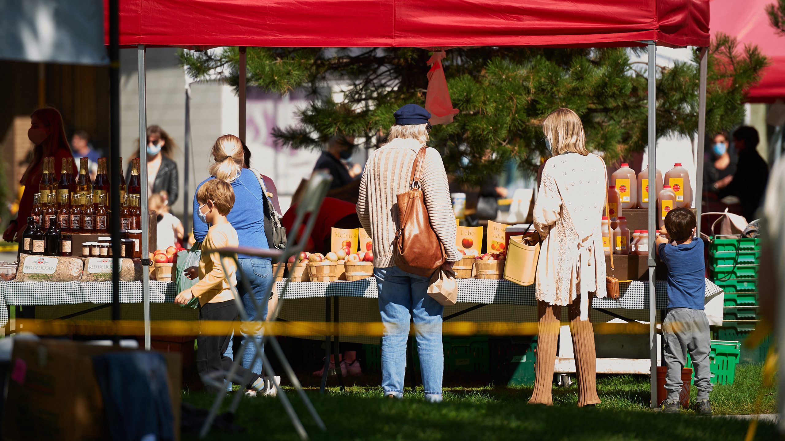 People are seen standing at a farmers' market stand in Hintonburg with apples and apple cider in the background