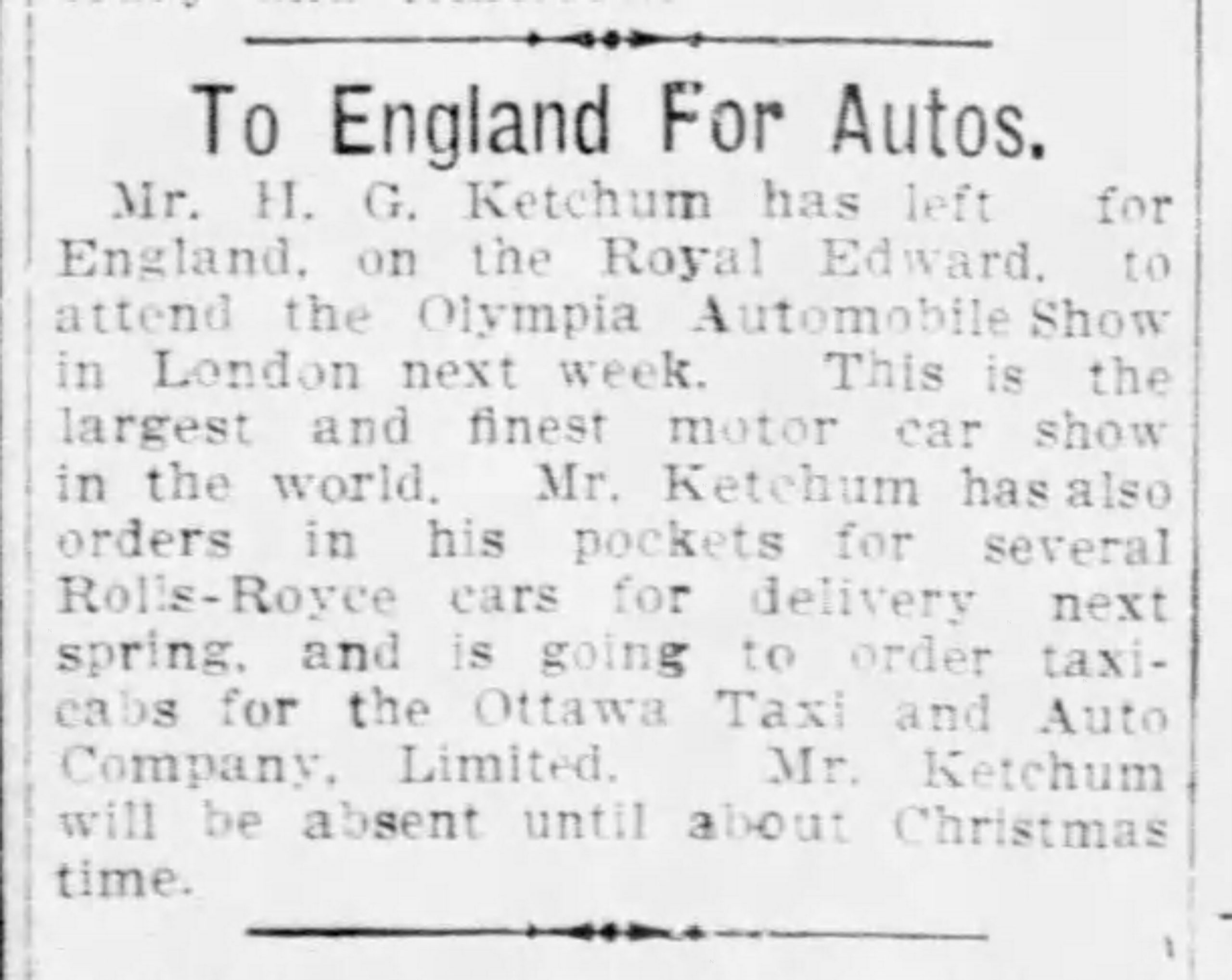 Short article related to Rolls-Royce from the Ottawa Citizen, Friday, November 3, 1911