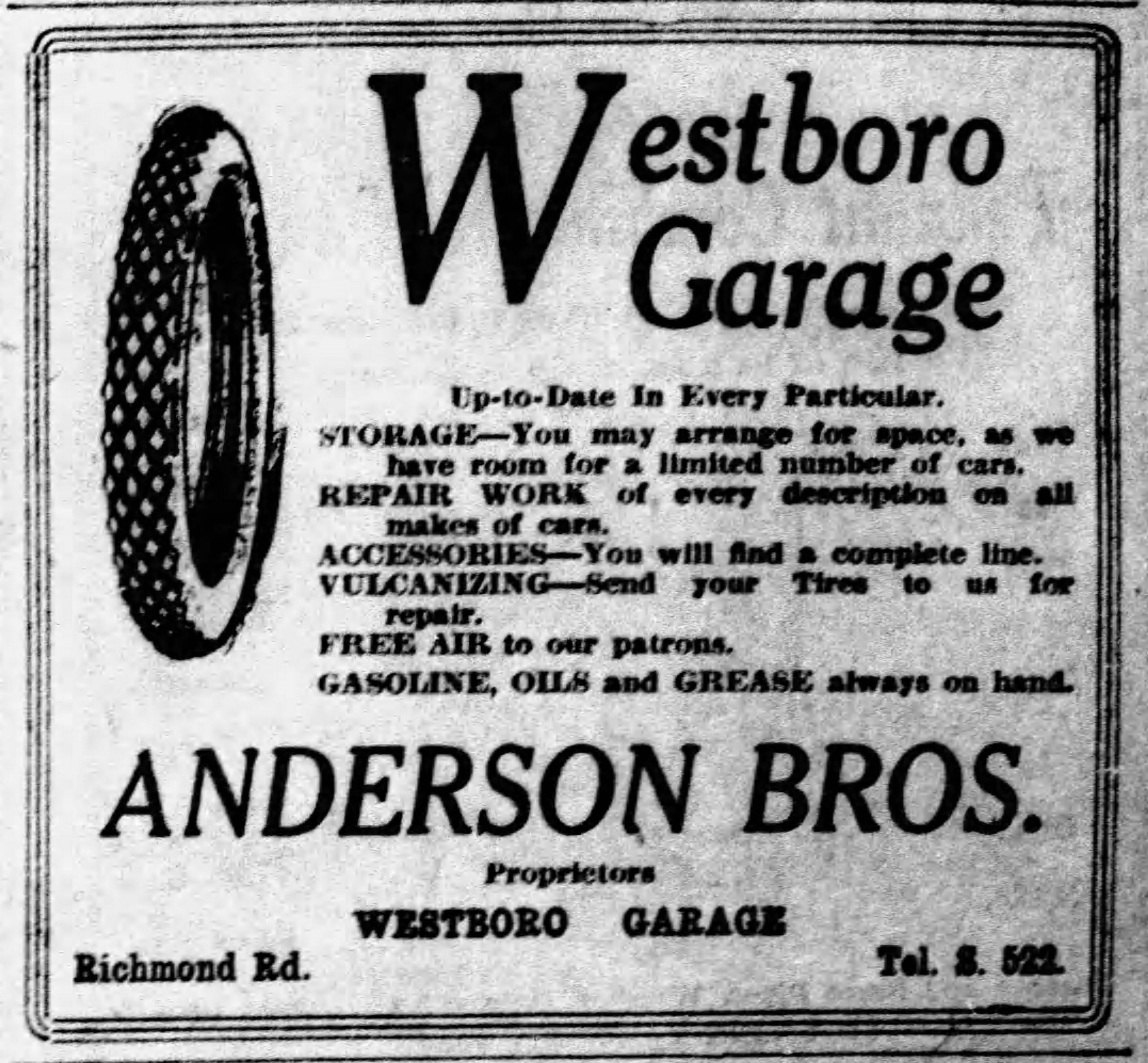 Ad for Westboro Garage in the Saturday, September 6, 1919 edition of the Ottawa Citizen.