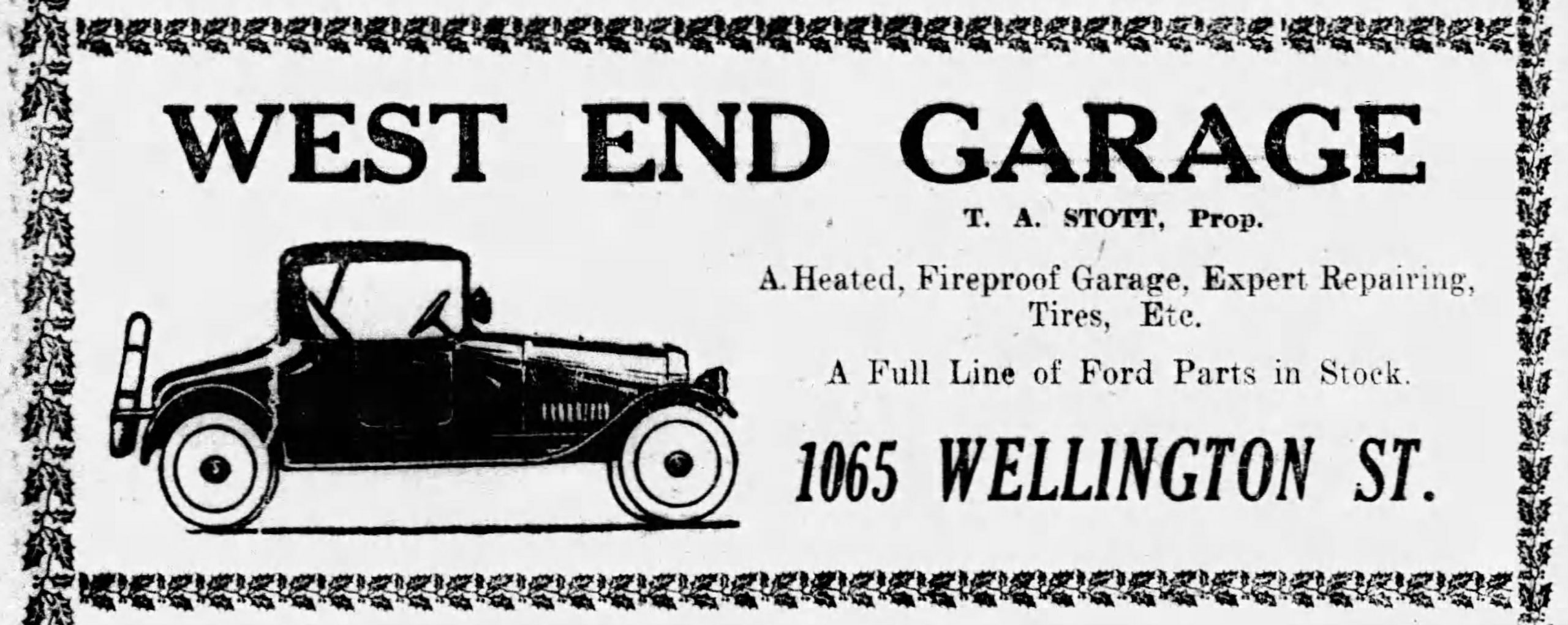 Ad for West End Garage as it appeared in the Wednesday, December 10, 1919, edition of the Ottawa Citizen.