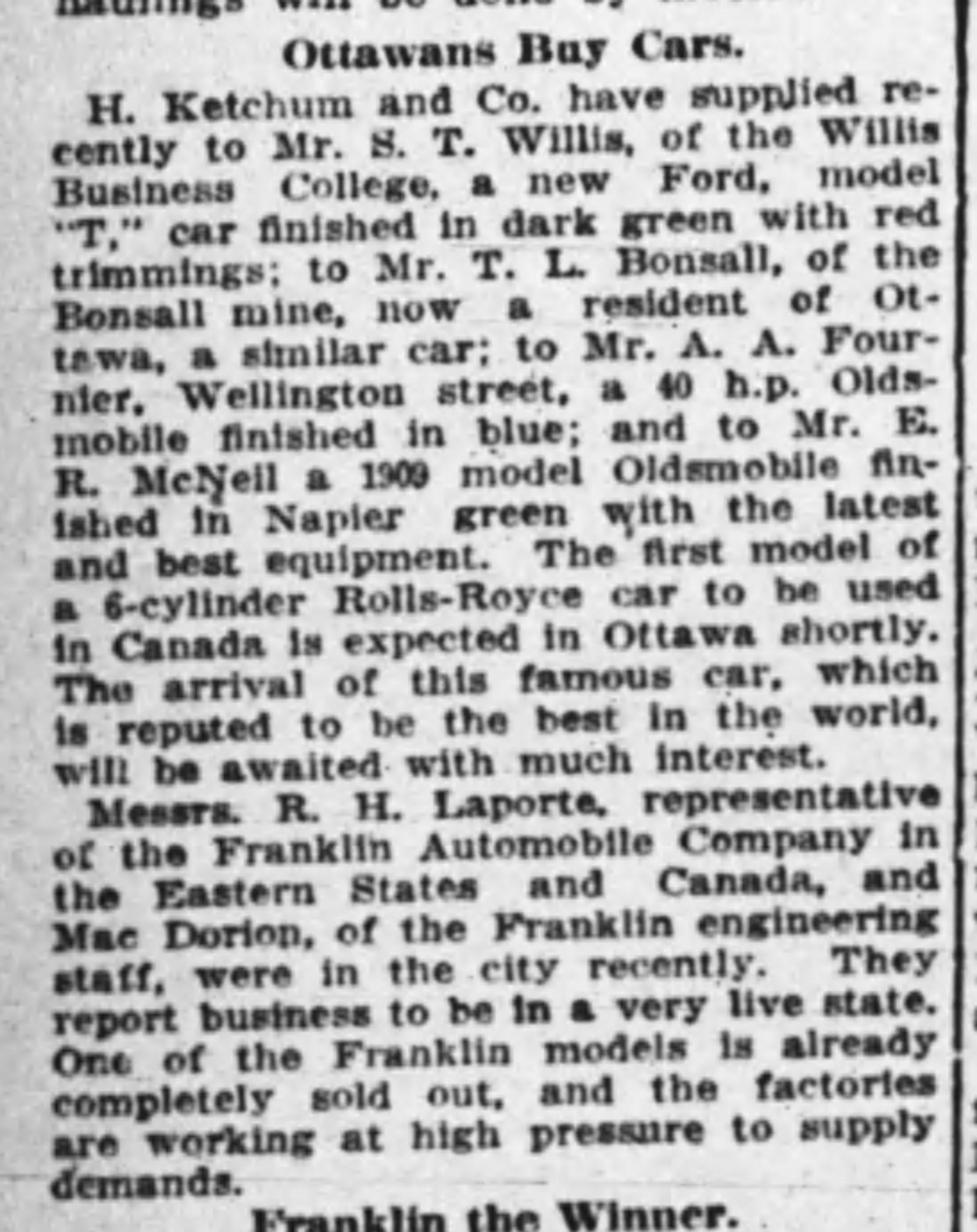 Article from the Ottawa Journal, Saturday, May 15, 1909