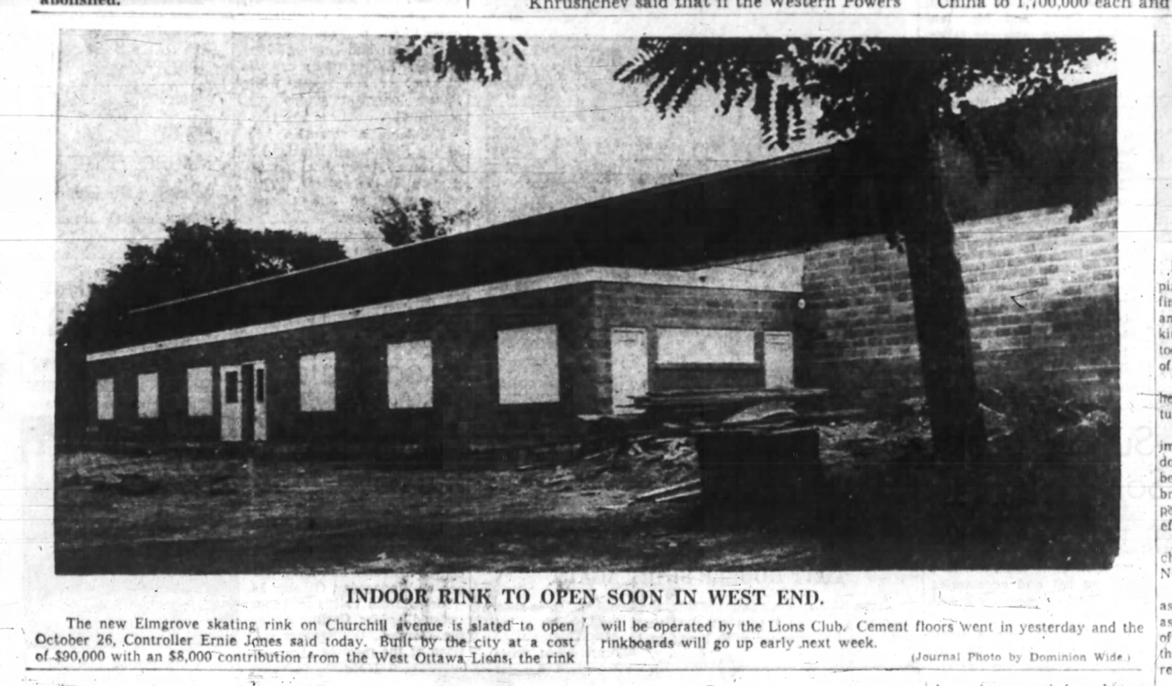 A newspaper clipping from 1959 announces the opening date for the Elmgrove skating rink. 