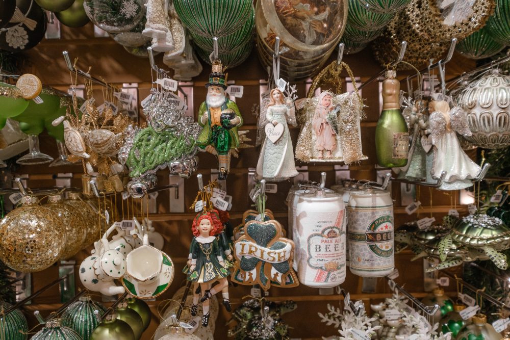 Many Irish-themed ornaments hang on the wall