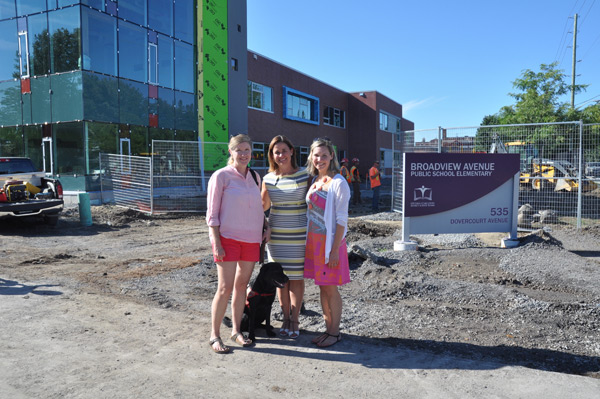 Claire Todd (with a service dog in training), Ashley Brasfield, Jaye Hooper are Broadview parents who were part of the group who lobbied for the new school.