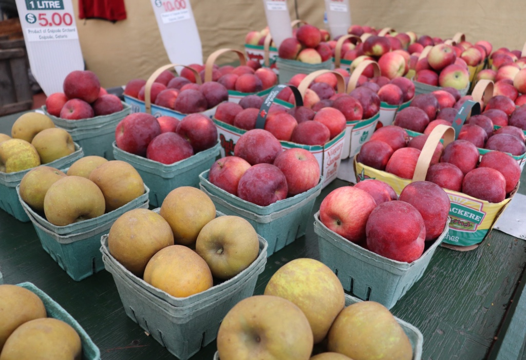 A variety of apples are on a stand. 