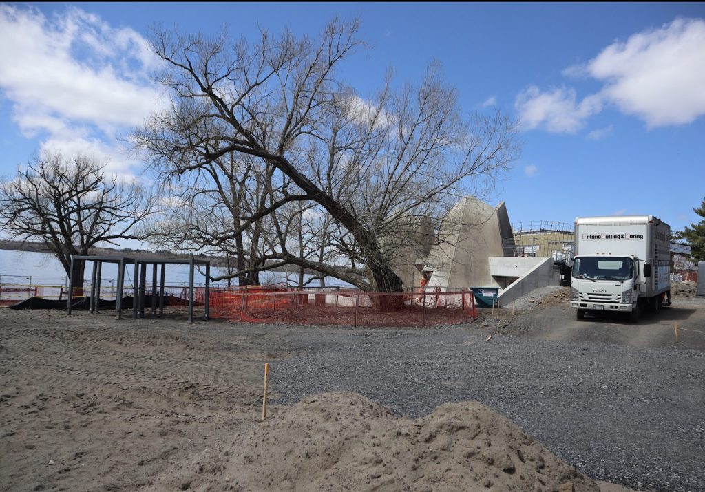 Construction scaffolding around the Pavillion at Westboro Beach. 