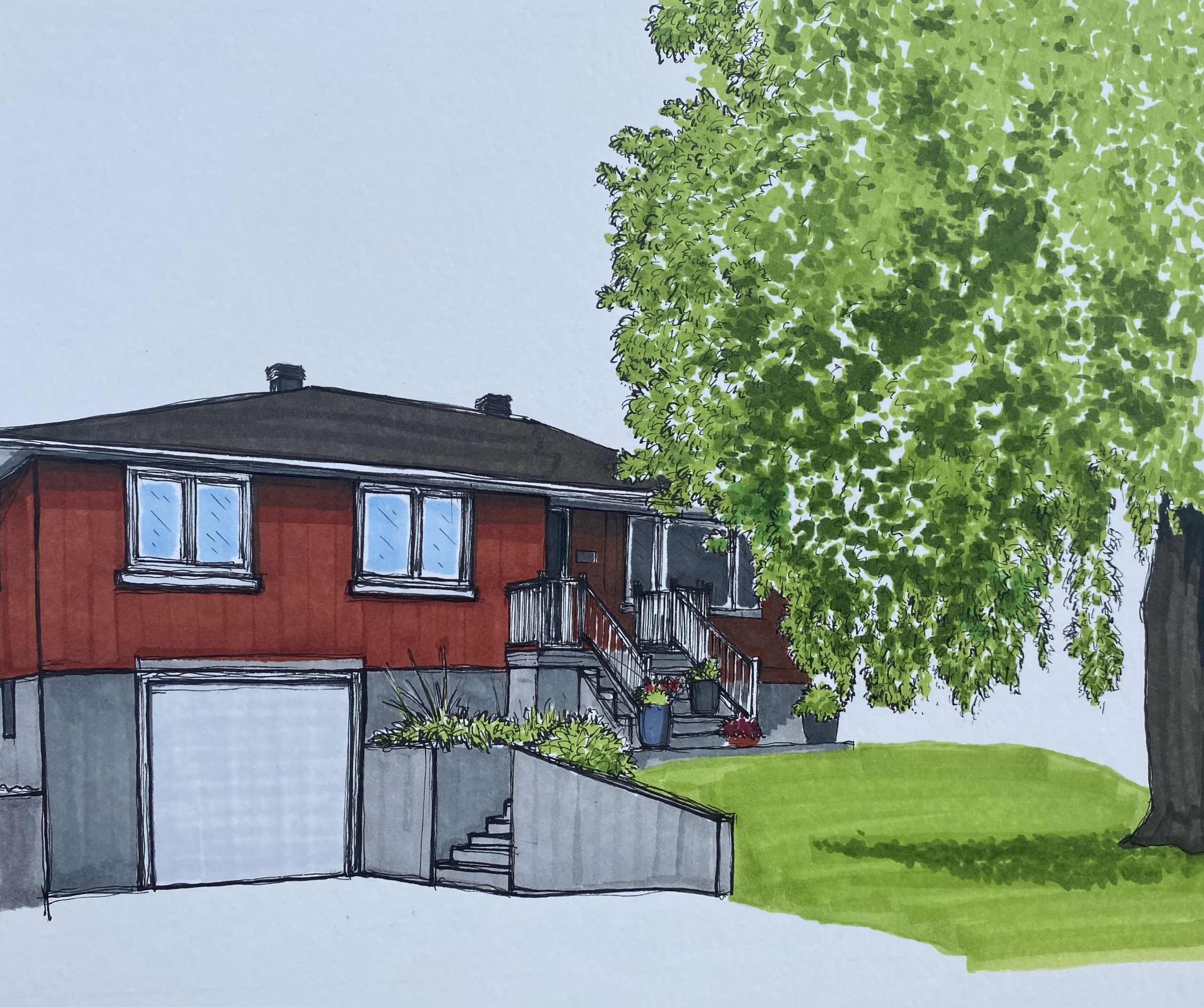 The drawing of a red brick house with a tree in the yard. 