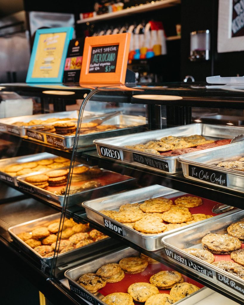 Rows of cookies in racks. 