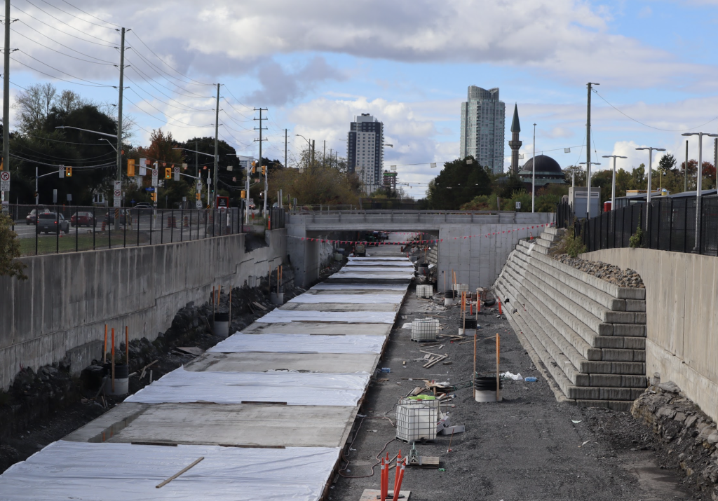 Lots of concrete is seen where tracks will one day be laid. 