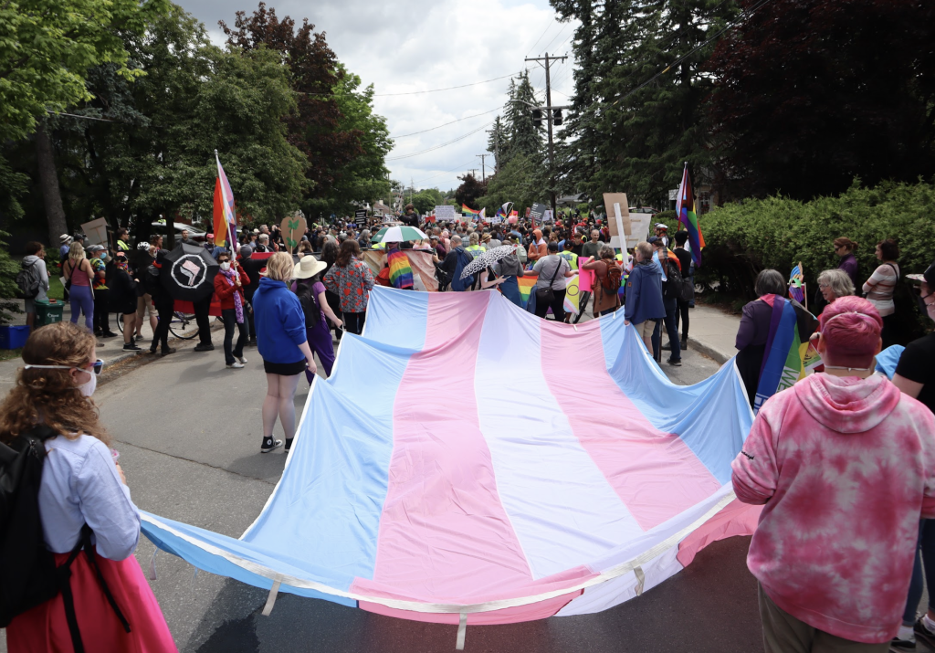 A large trans flag is carried down Broadview avenue. 