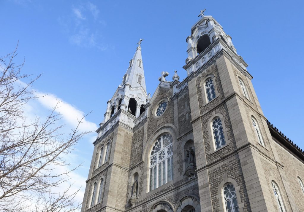 The two front steeples of the church as seen from outside. 