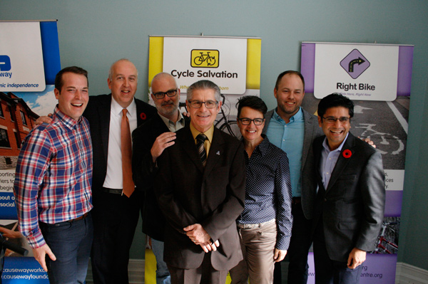 (L-R) Rideau-Vanier Councillor Mathieu Fleury, Alterna Savings CEO and President Robert Paterson, Kitchissippi Councillor Jeff Leiper, Causeway Executive Director Don Palmer, Somerset Councillor Catherine McKenney, Causeway Director of Social Enterprise and Social Finance Doug Pawson, and Ottawa-Centre MPP Yasir Naqvi.