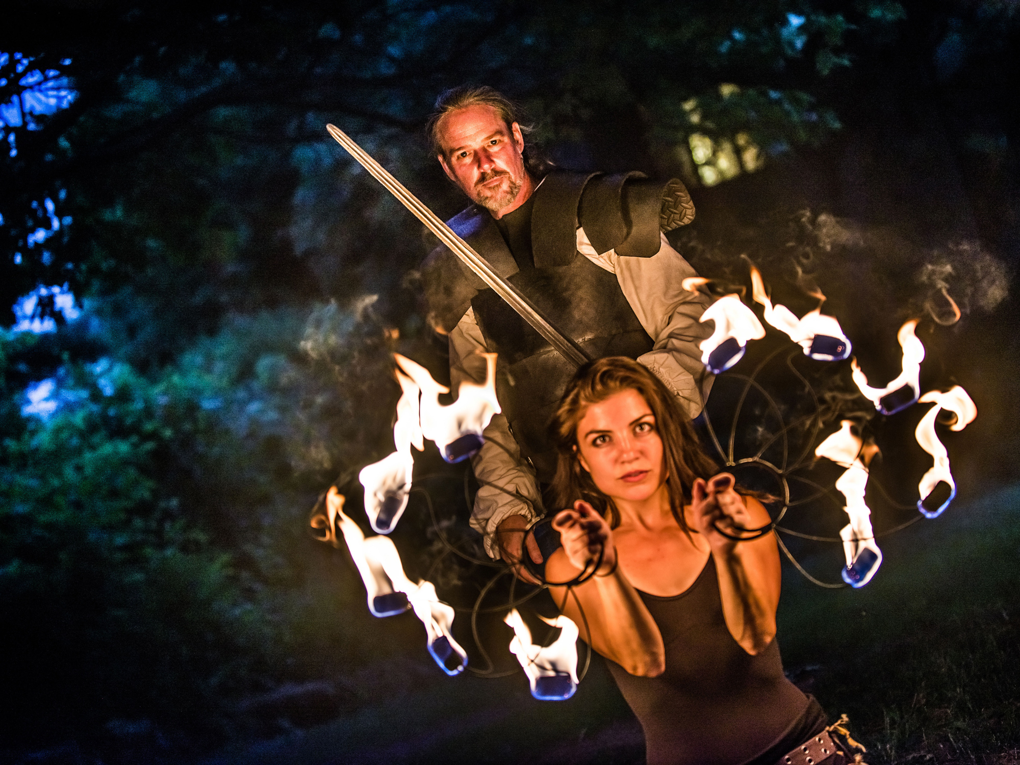 Chris McLeod starred as Macbeth and Zoe Georgaras was one of the fire witches in Bear & Co’s production of Macbeath this summer. Zoe also directed the production’s fire choreography.?Photo by andrew alexander photography