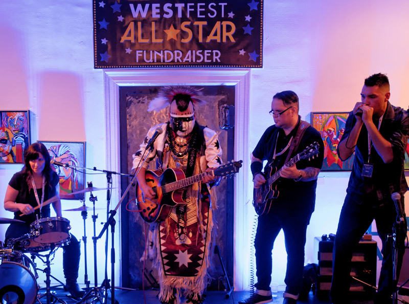 Thomas Starwalker Clair (left centre) performing with the River City Junction (Caroline Addison, left; Jason Fryer, right centre; Tommy Joanisse, not pictured) and Lyle Odjick (right).