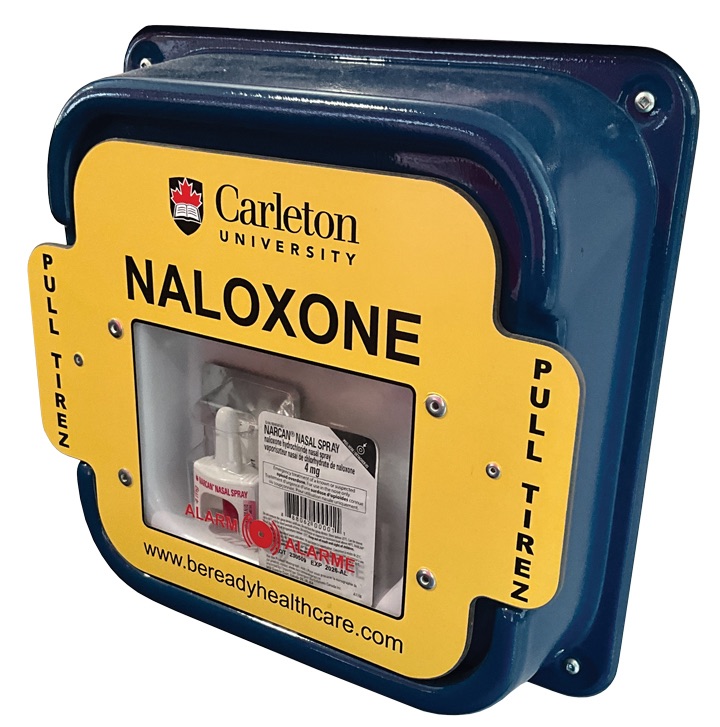 A naloxone kit on a wall.