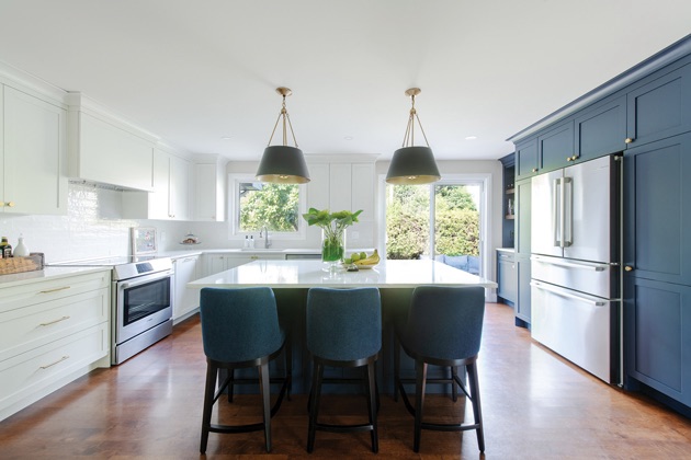 A modern kitchen with blue and white cabinet’s.