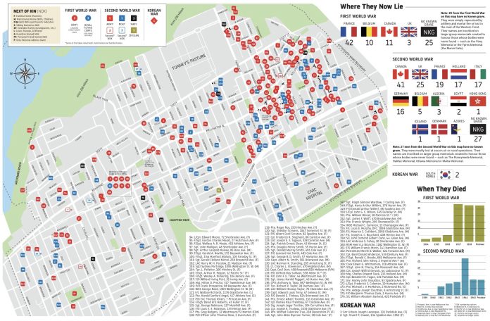 A map of Kitchissippi with various markings showing where the former military personnel once lived.