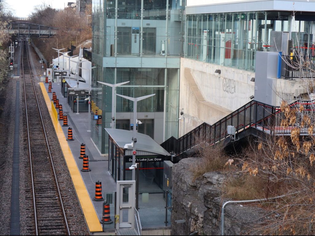 The exterior of the Dow’s Lake LRT station looking down from Carling.