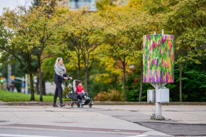 A woman walks by a traffic box with a photograph of colourful flowers.